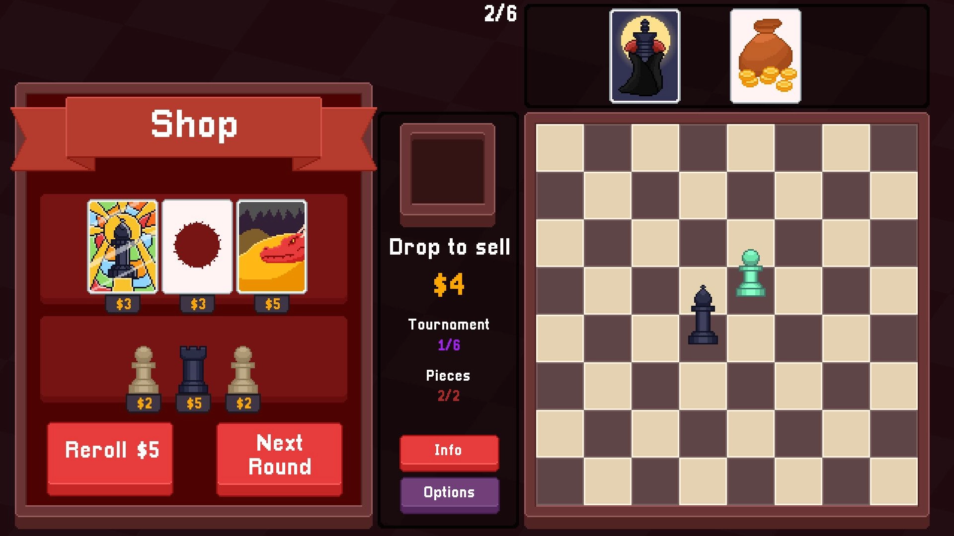 Tabulo: Shop interface with cards and chessboard featuring black bishop and green pawn in play