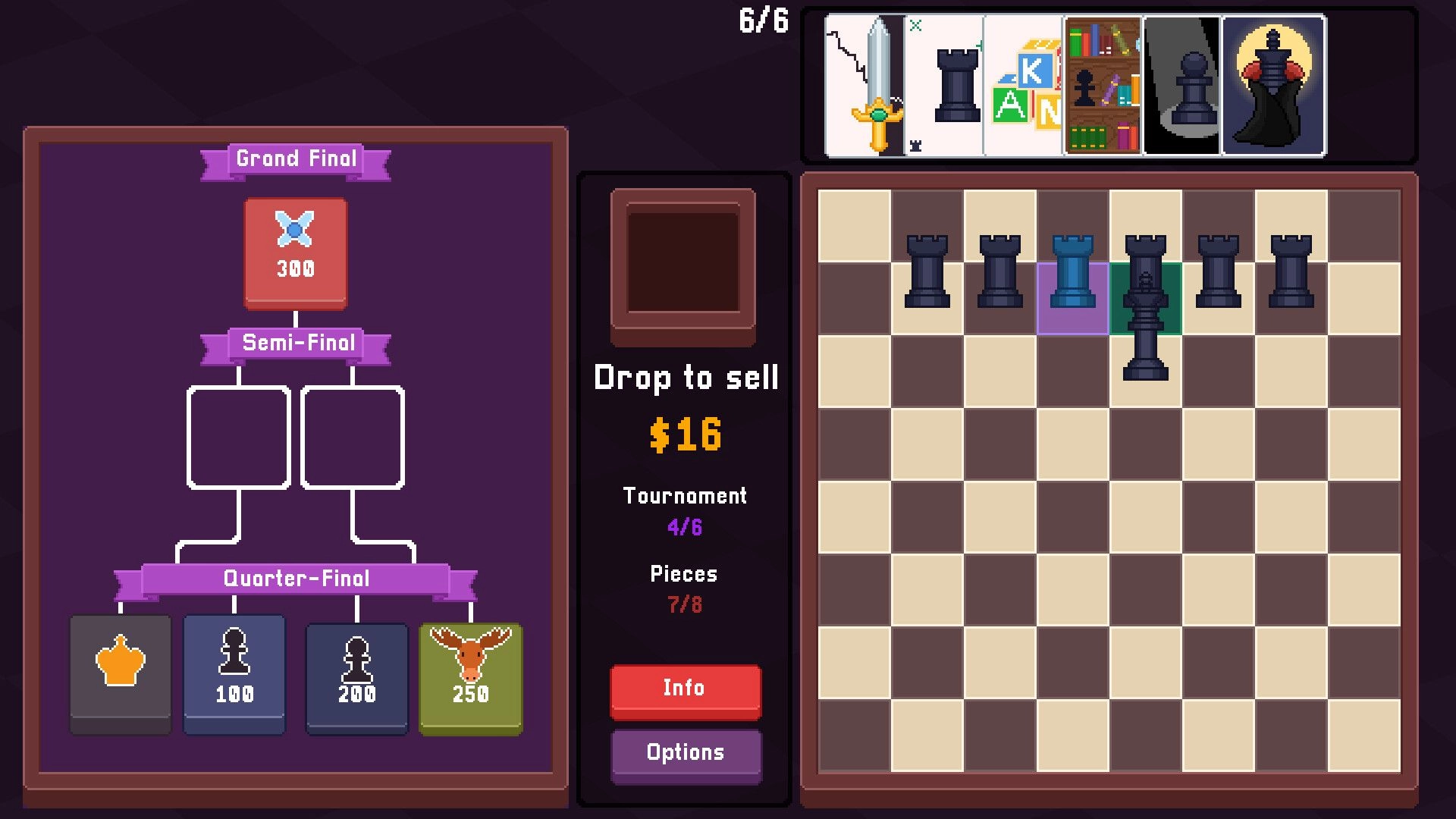 Tabulo: Chessboard with rooks and knight, tournament bracket and card collection interface visible