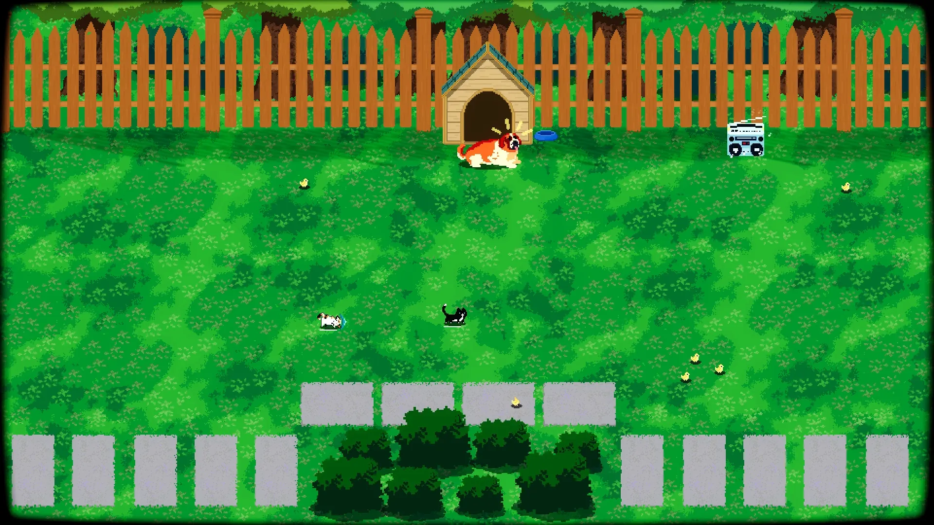 TactiCats: Cats roam a grassy yard with a wooden fence, doghouse, and boombox in pixel art style.