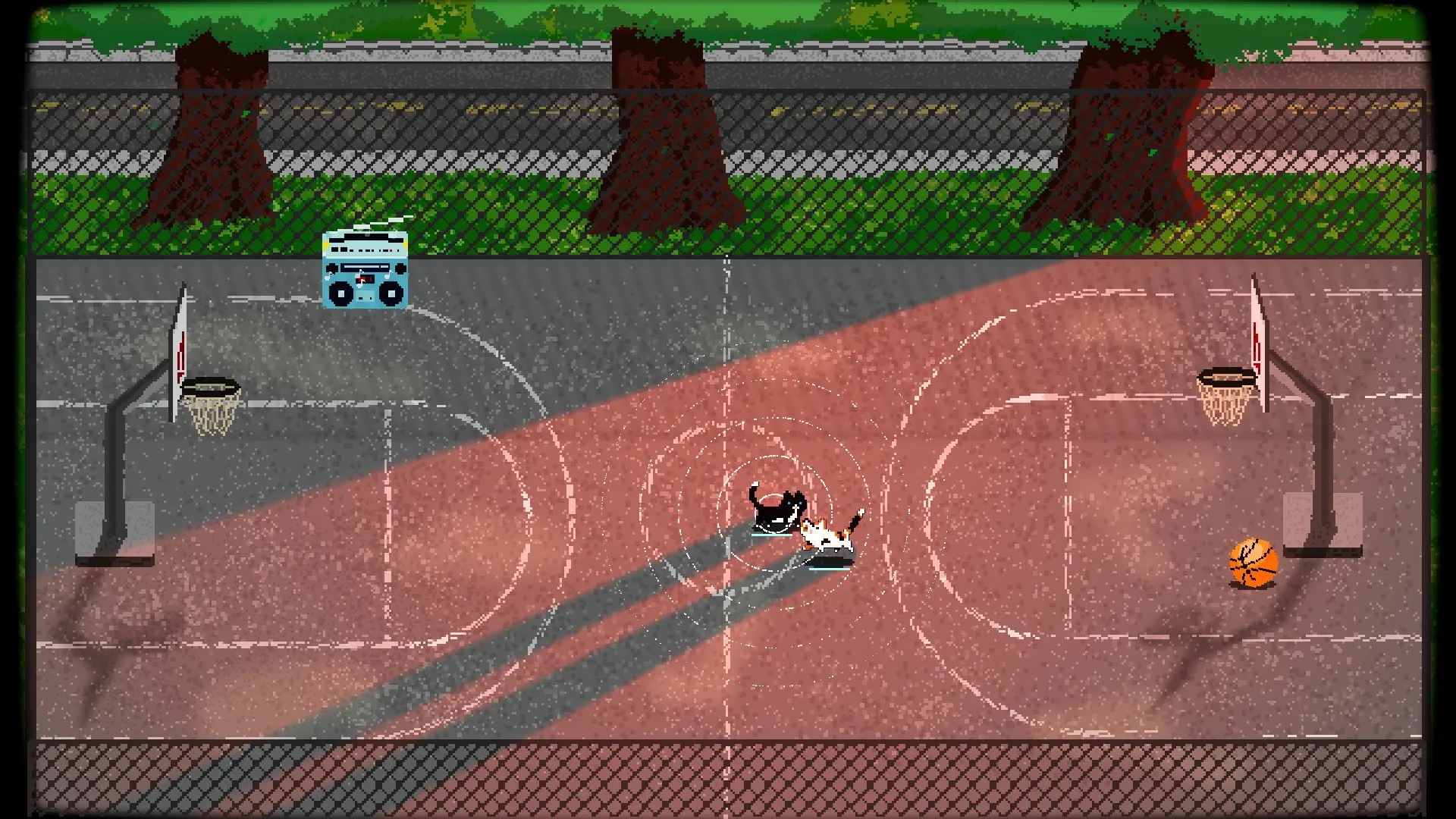 TactiCats: Two cats battling on a pixel art basketball court with boombox and ball nearby