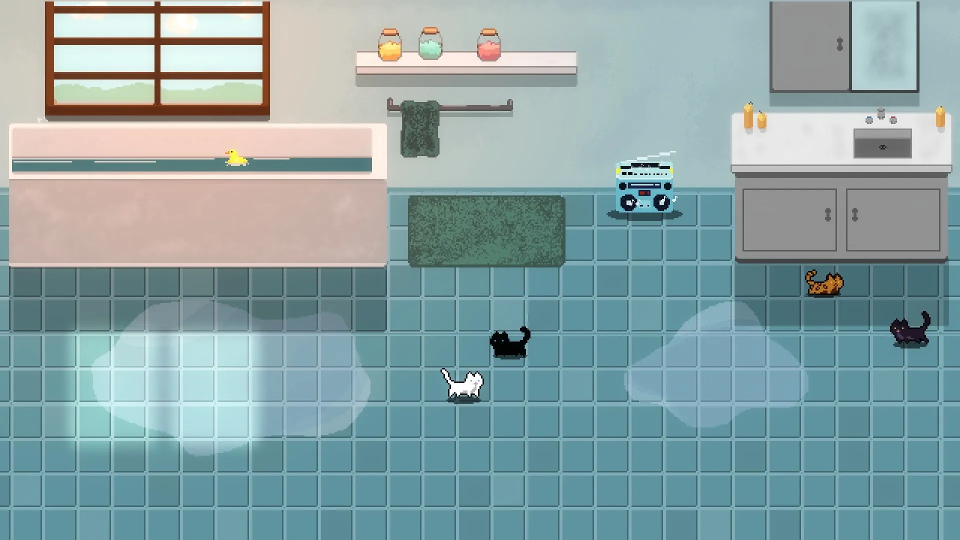 TactiCats: Three cats navigating a tiled bathroom with a bathtub, radio, and scattered puddles
