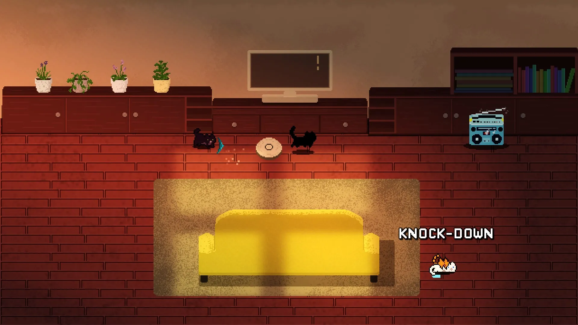 TactiCats: Two pixel cats battle near a TV stand while another cat lies knocked down on the living room floor.