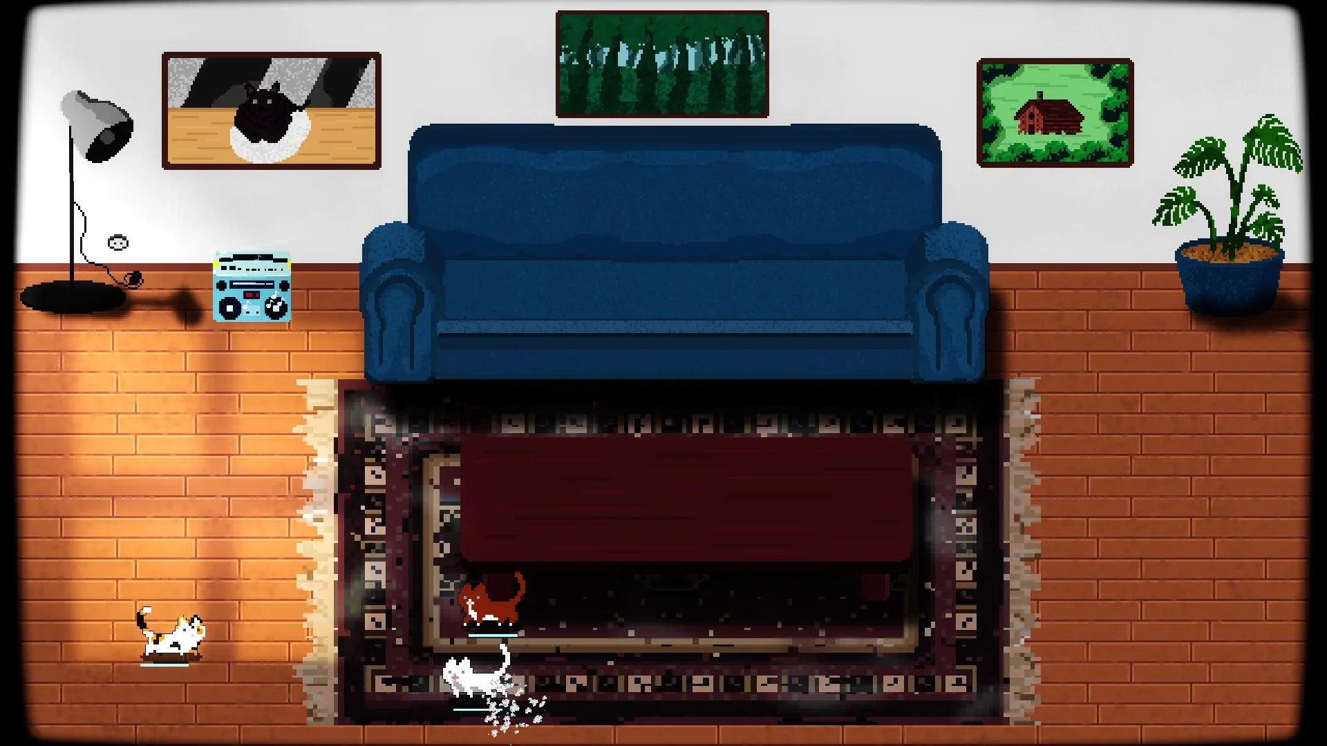 TactiCats: Two cats chase each other around a living room with a sofa, lamp, and framed art on wall