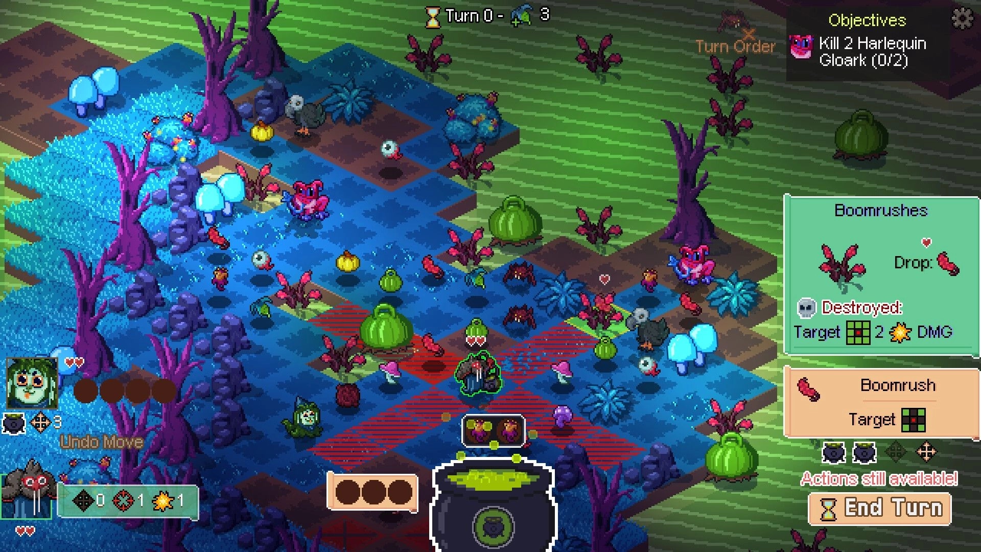 Tacticauldron: Turn-based grid battle with target tiles highlighted in a neon swamp battlefield UI.