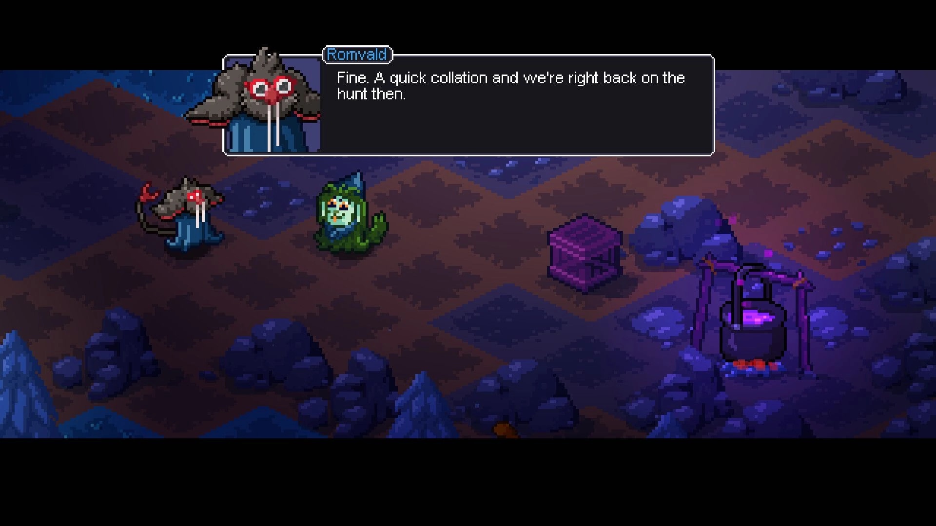 Tacticauldron: Romvald dialogue box over grid map beside a cauldron campfire in rocky cave at night.