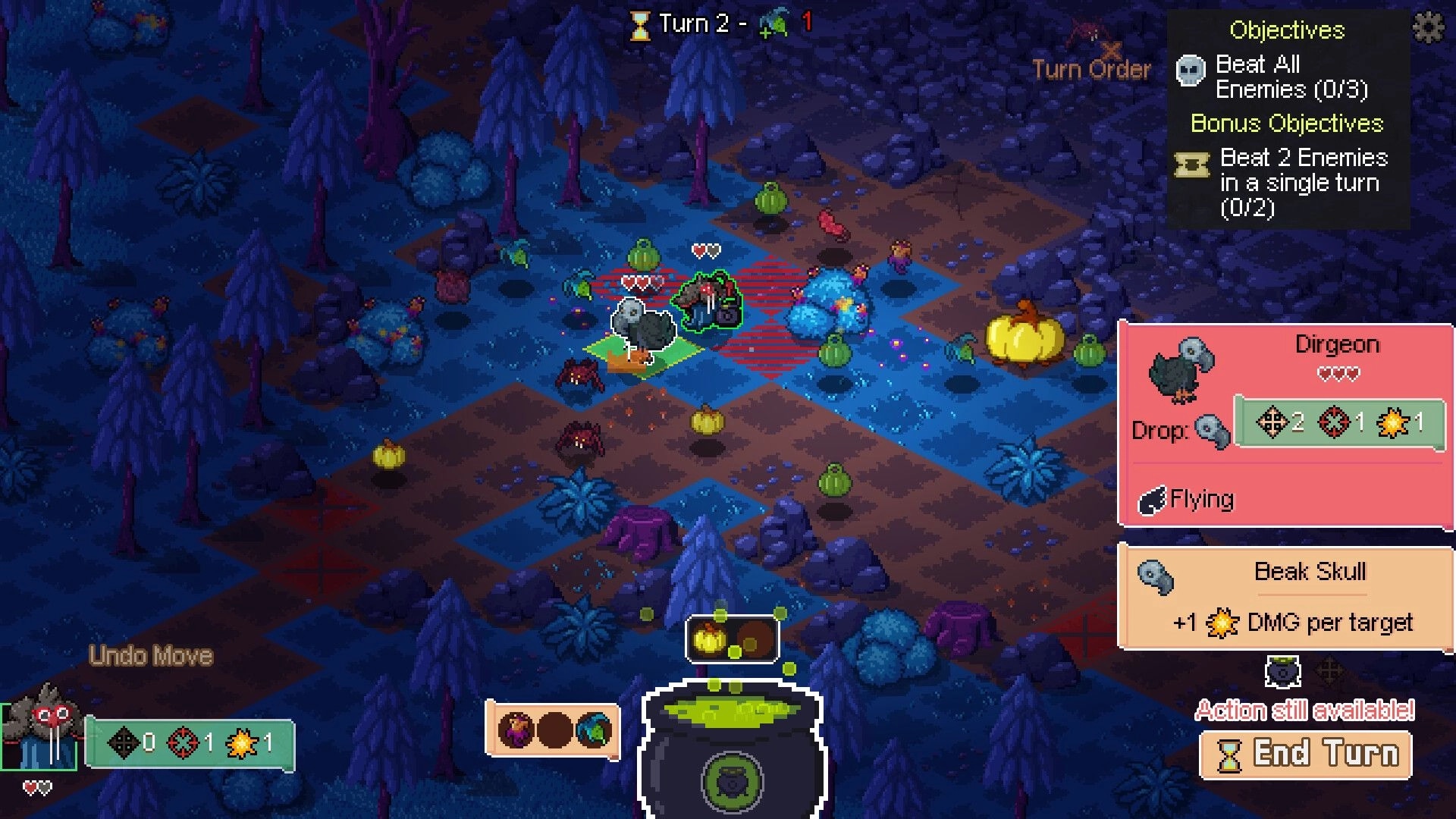 Tacticauldron: Grid combat with Dirgeon targeted, objectives panel, in a dark swampy forest map.