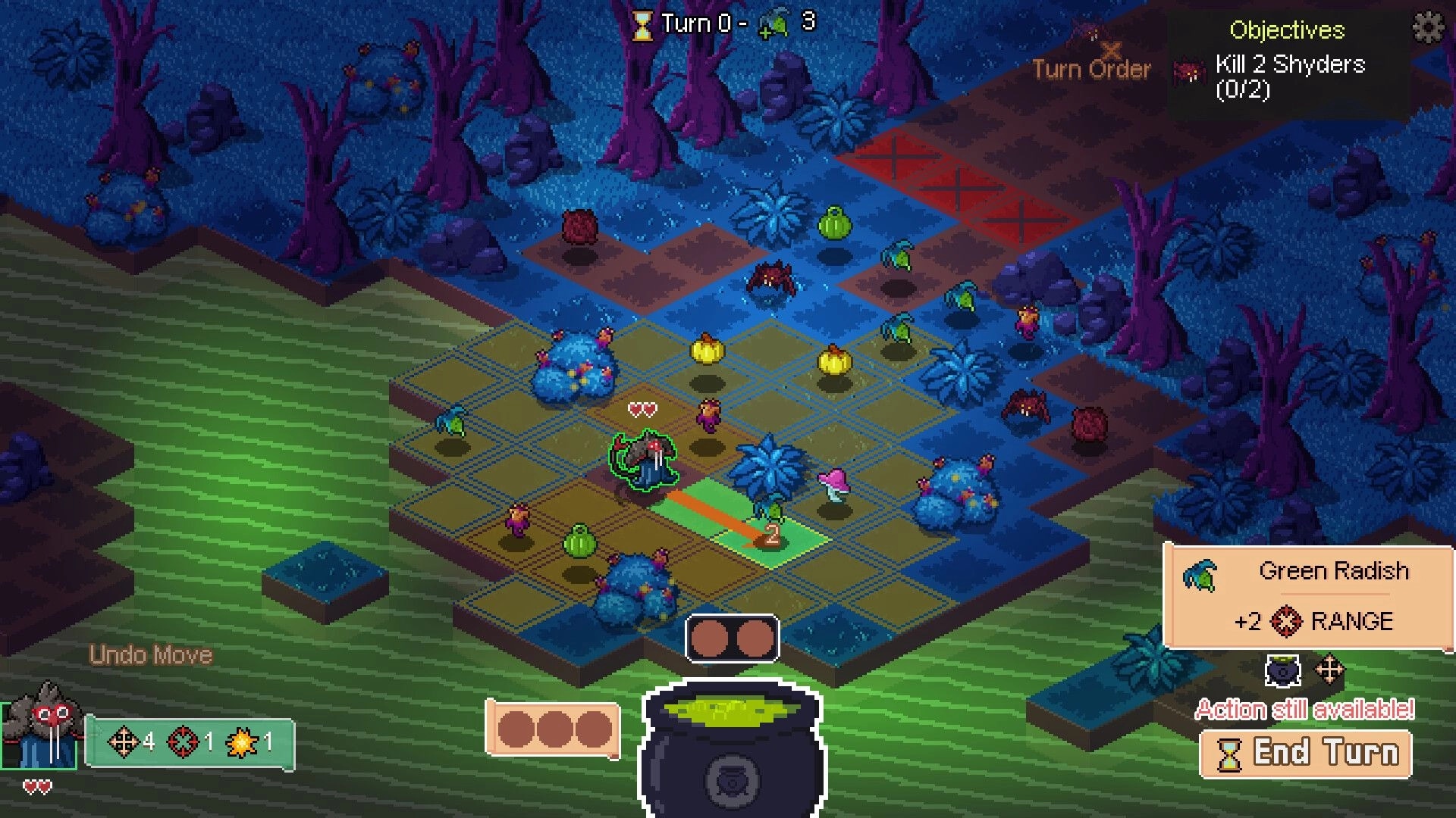 Tacticauldron: Turn-based battle grid with move preview, cauldron UI, and objective Kill 2 Shyders in forest.