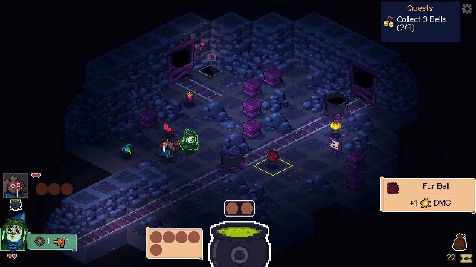 Tacticauldron: Turn-based cave battle on rail tracks with cauldrons, crates, and quest UI panel.
