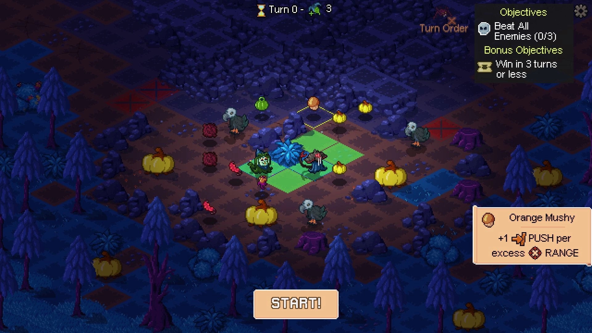 Tacticauldron: Turn 0 battle grid with hunters and veggie foes in dark forest, Objectives panel and START button.
