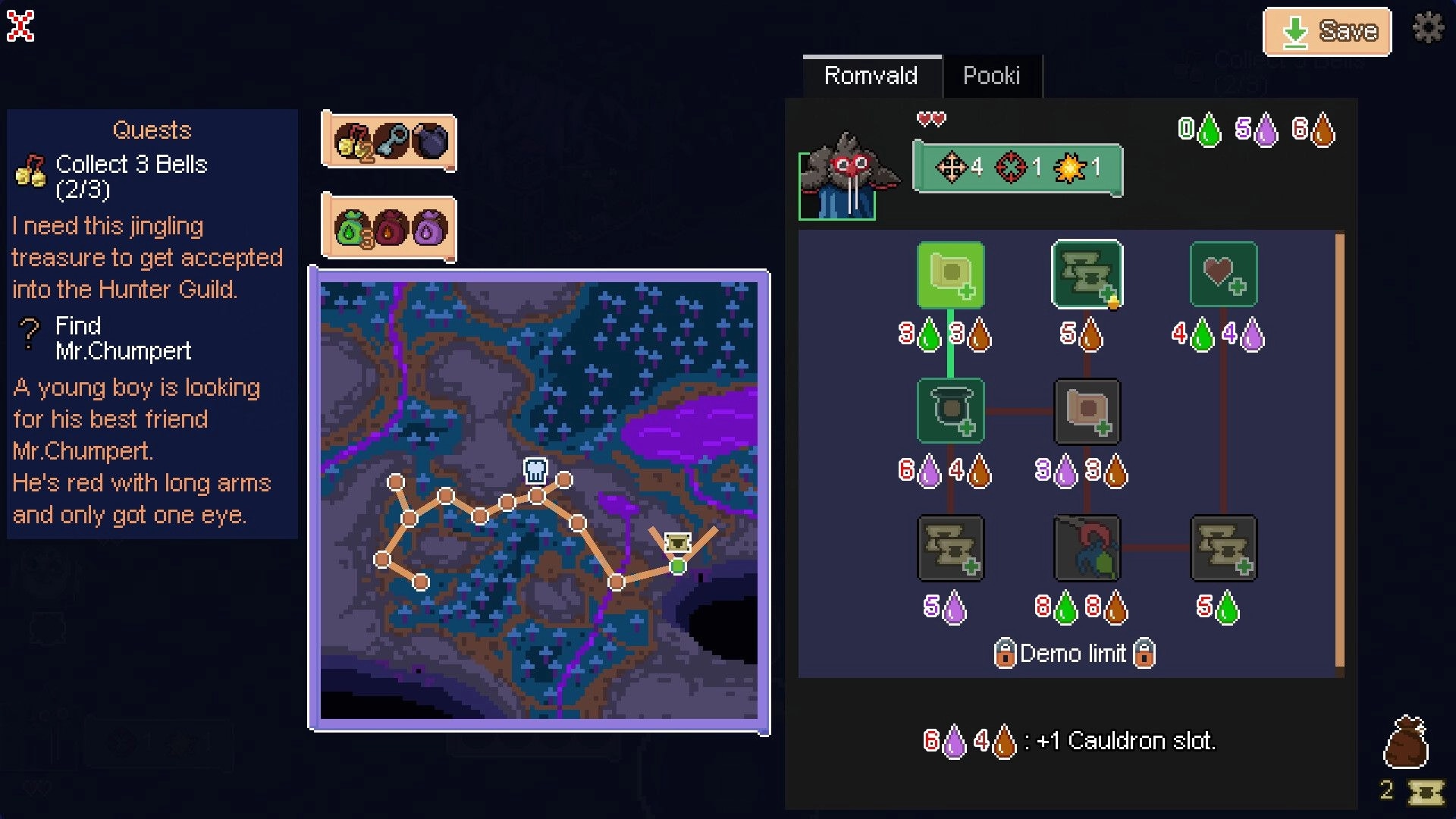 Tacticauldron: Quest log and world map route beside character skill tree upgrade menu UI screen.
