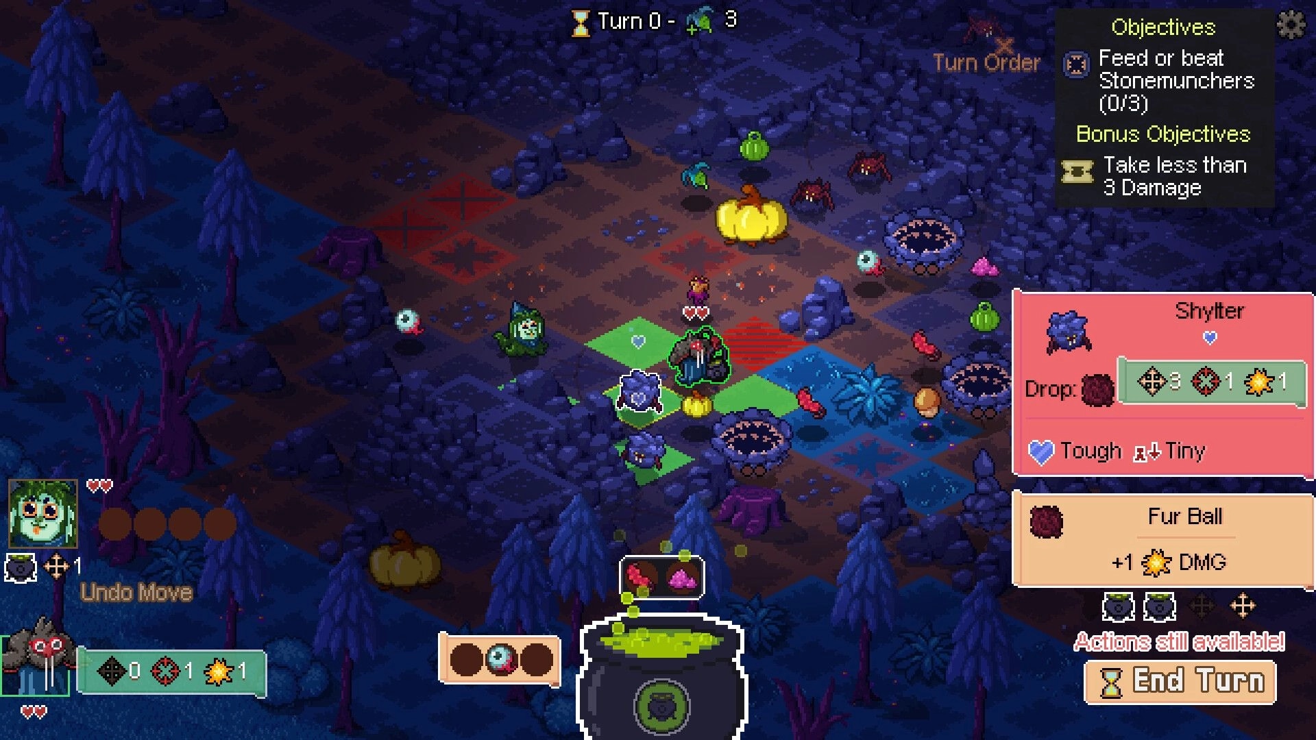 Tacticauldron: Turn-based grid battle with cauldron UI and Shylter info panel in rocky cave map.