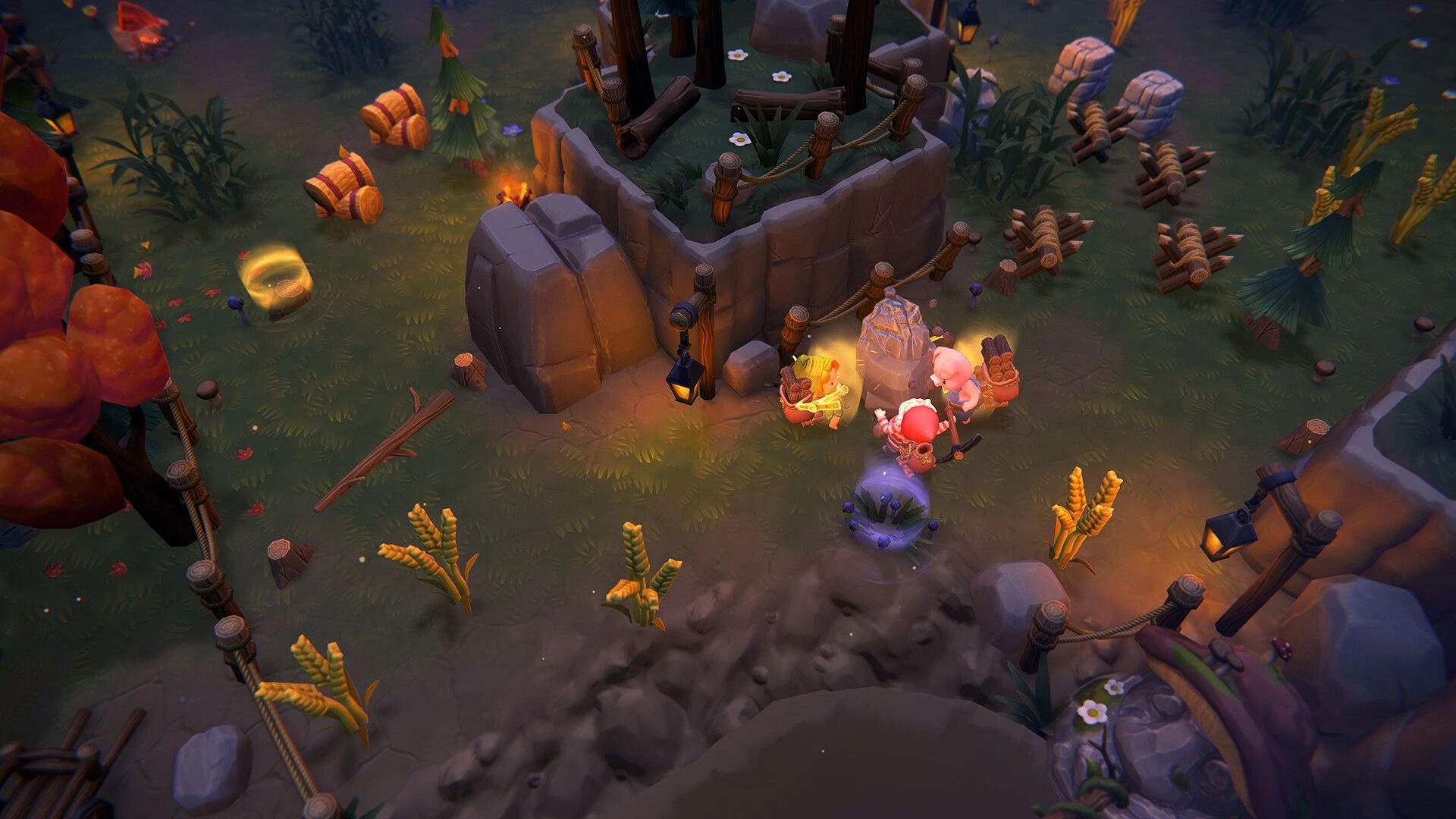 TagTime: Runts gathered around a glowing stone in a forest clearing with barrels and lanterns nearby