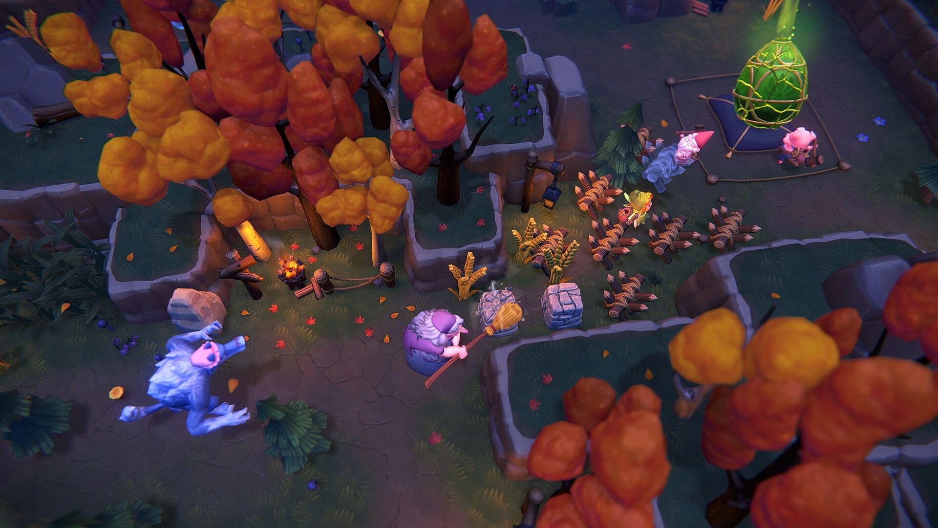 TagTime: Monsters chase runts in vibrant forest with magical green cocoon glowing in the background
