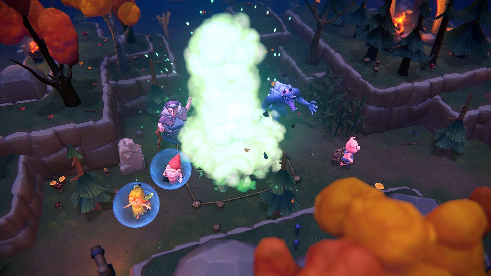 TagTime: Fairy and gnome in protective bubbles evade monsters in a vibrant, forested maze setting.