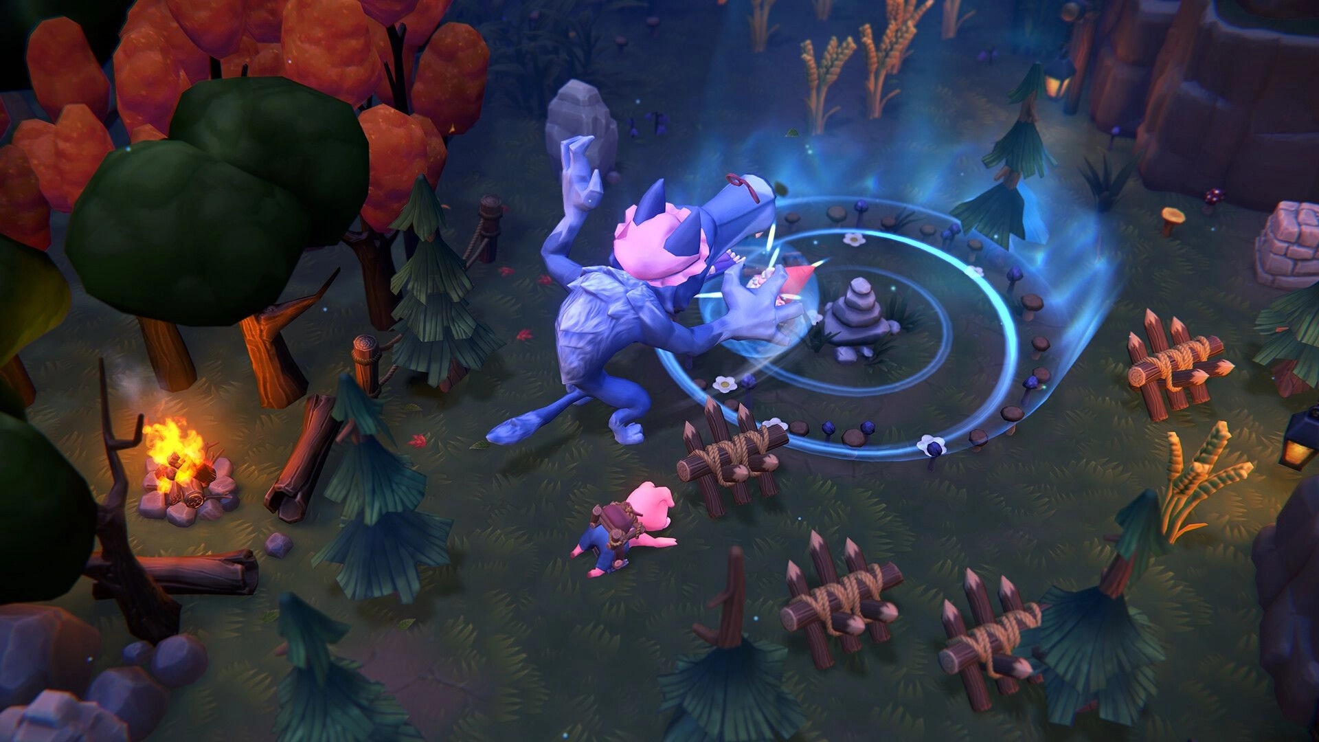 TagTime: Blue monster and pink runt near glowing stone circle in enchanted forest setting