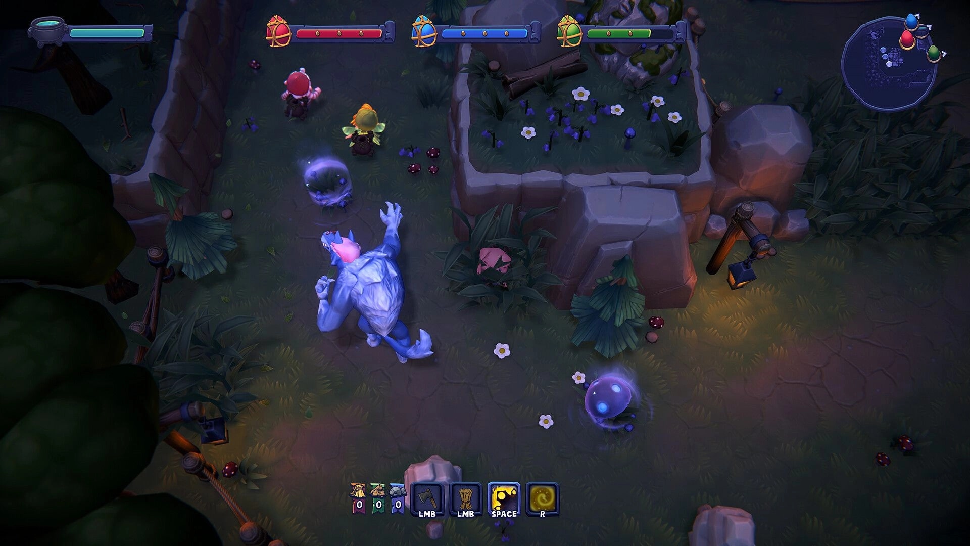 TagTime: Blue monster chasing small runts in a forest with health bars and action buttons visible