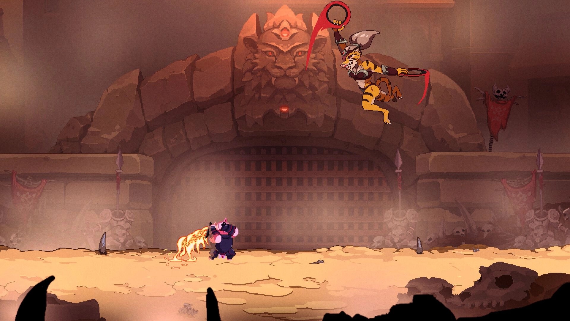 Tails of Fate: Boss battle in a stone arena with a tiger warrior and a magical creature in Fauna dungeons