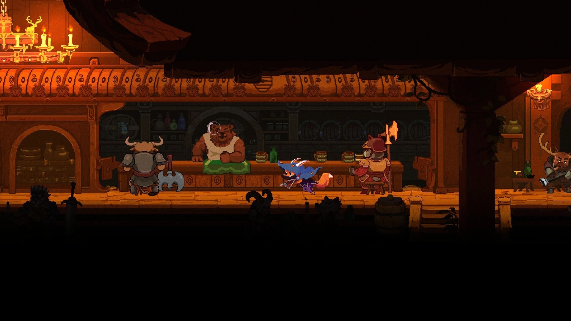 Tails of Fate: Fox character runs through a lively tavern with various patrons and a bear bartender.