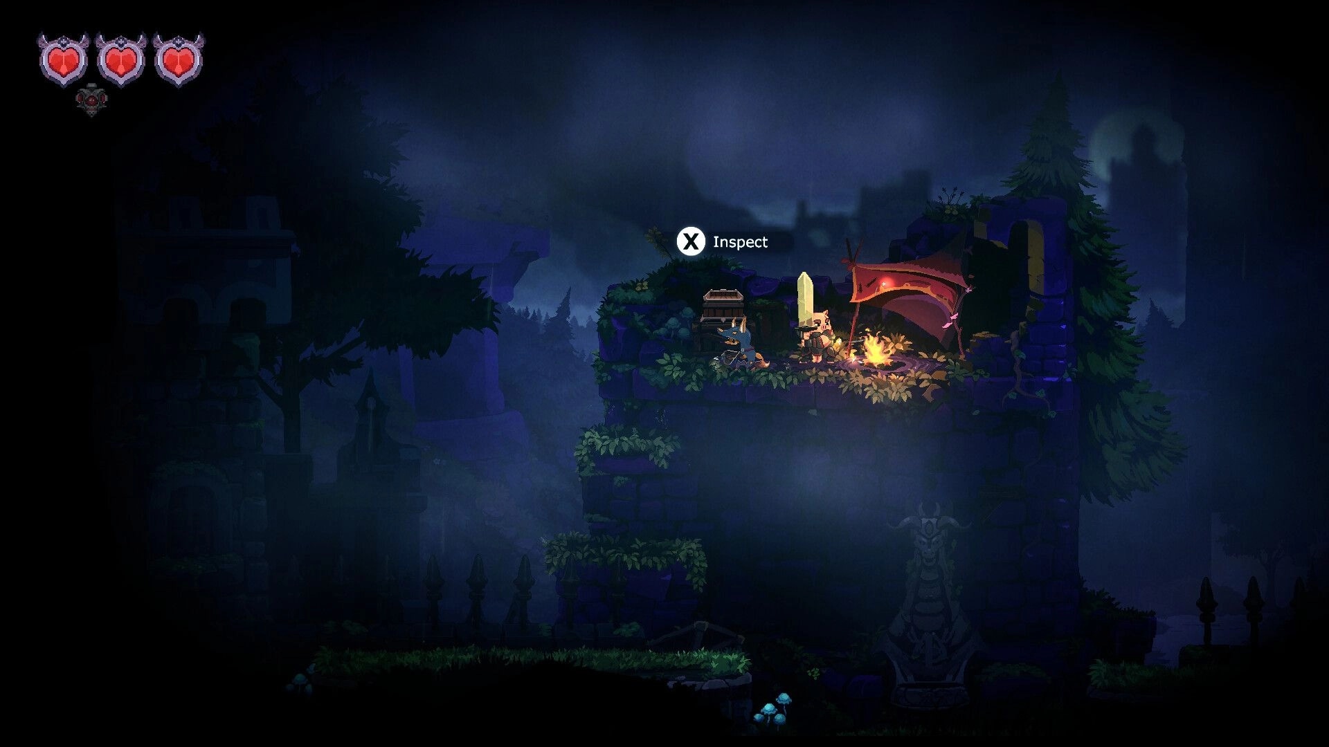 Tails of Fate: Character at campfire on fortress ruins with "X Inspect" prompt in dark forest setting.