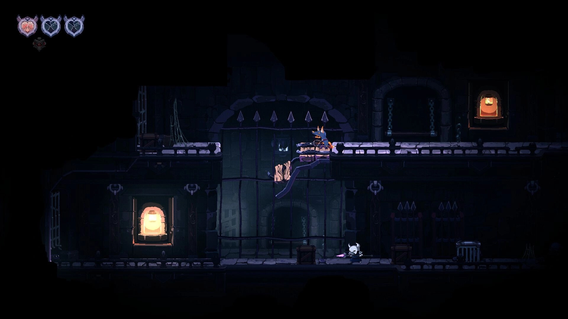 Tails of Fate: Character exploring dark dungeon with torches, health bar visible in upper left corner