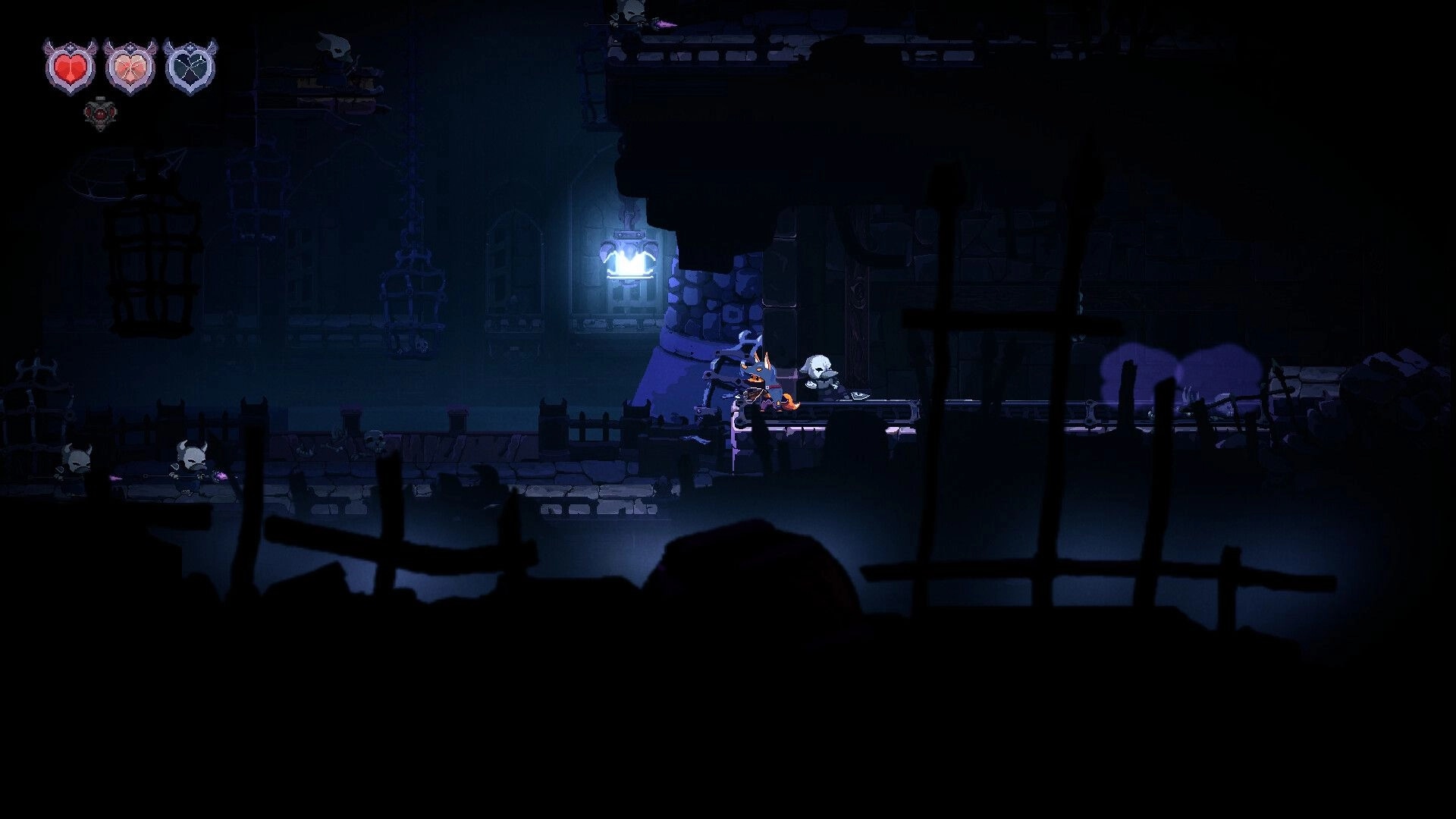 Tails of Fate: Player navigates a dark dungeon with enemies lurking and a health meter in the top left.