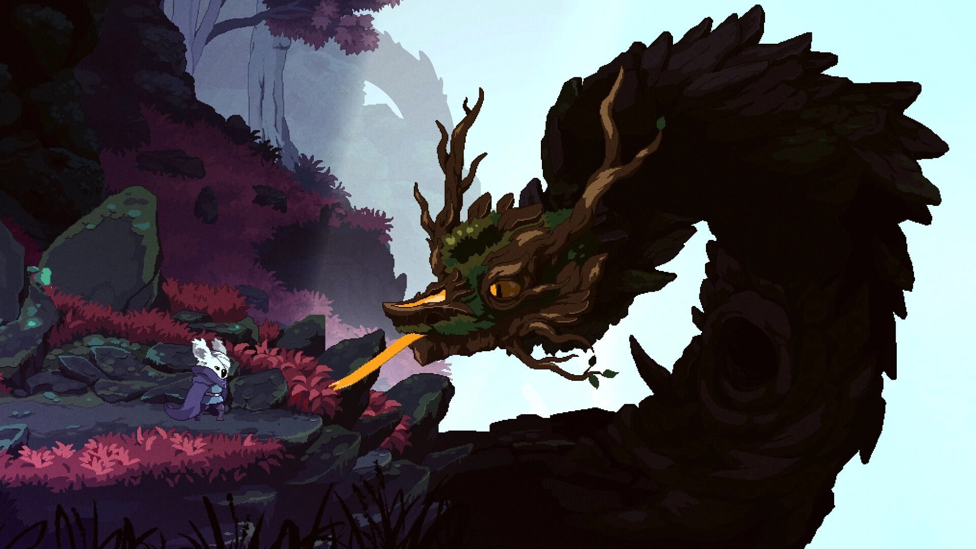 Tails of Fate: Hero confronts a massive tree dragon in a mystical forest setting.
