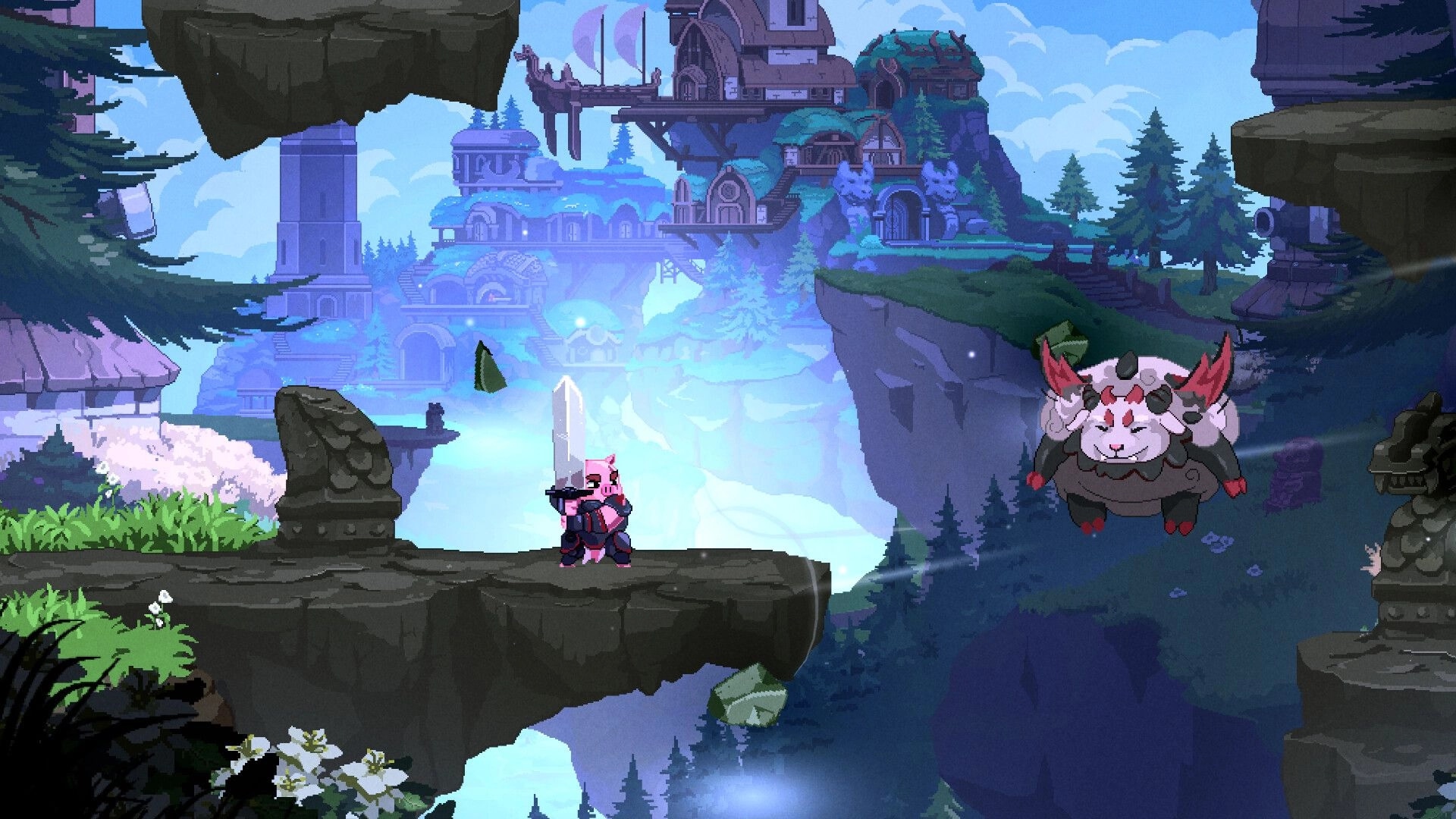 Tails of Fate: Hero with sword faces a floating creature in a lush, mountainous kingdom landscape.