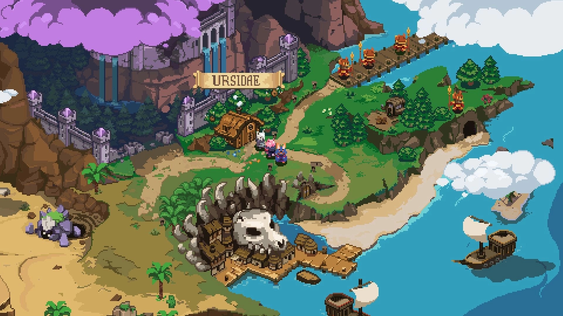 Tails of Fate: Overhead map view of the Ursidae kingdom with characters exploring the vibrant landscape