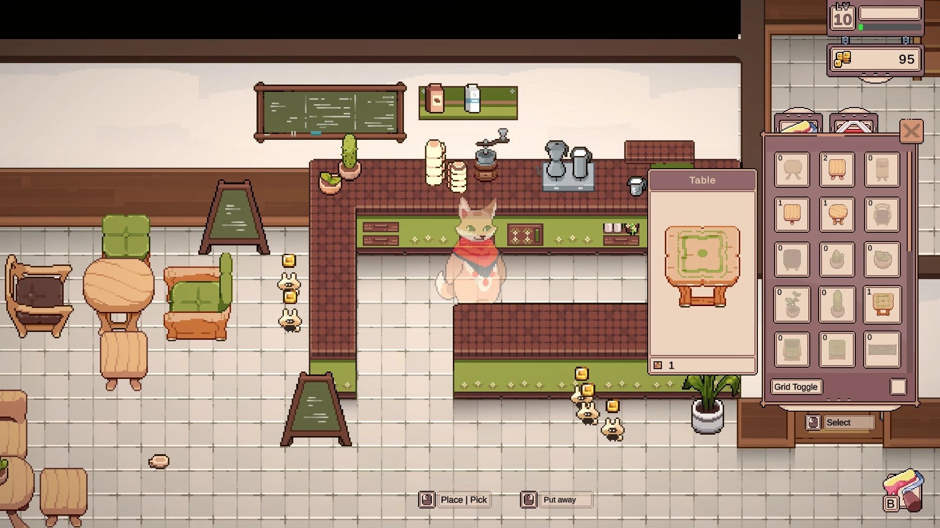 Tailside: Cat character in cafe with inventory menu open, showing table options and cozy decor.