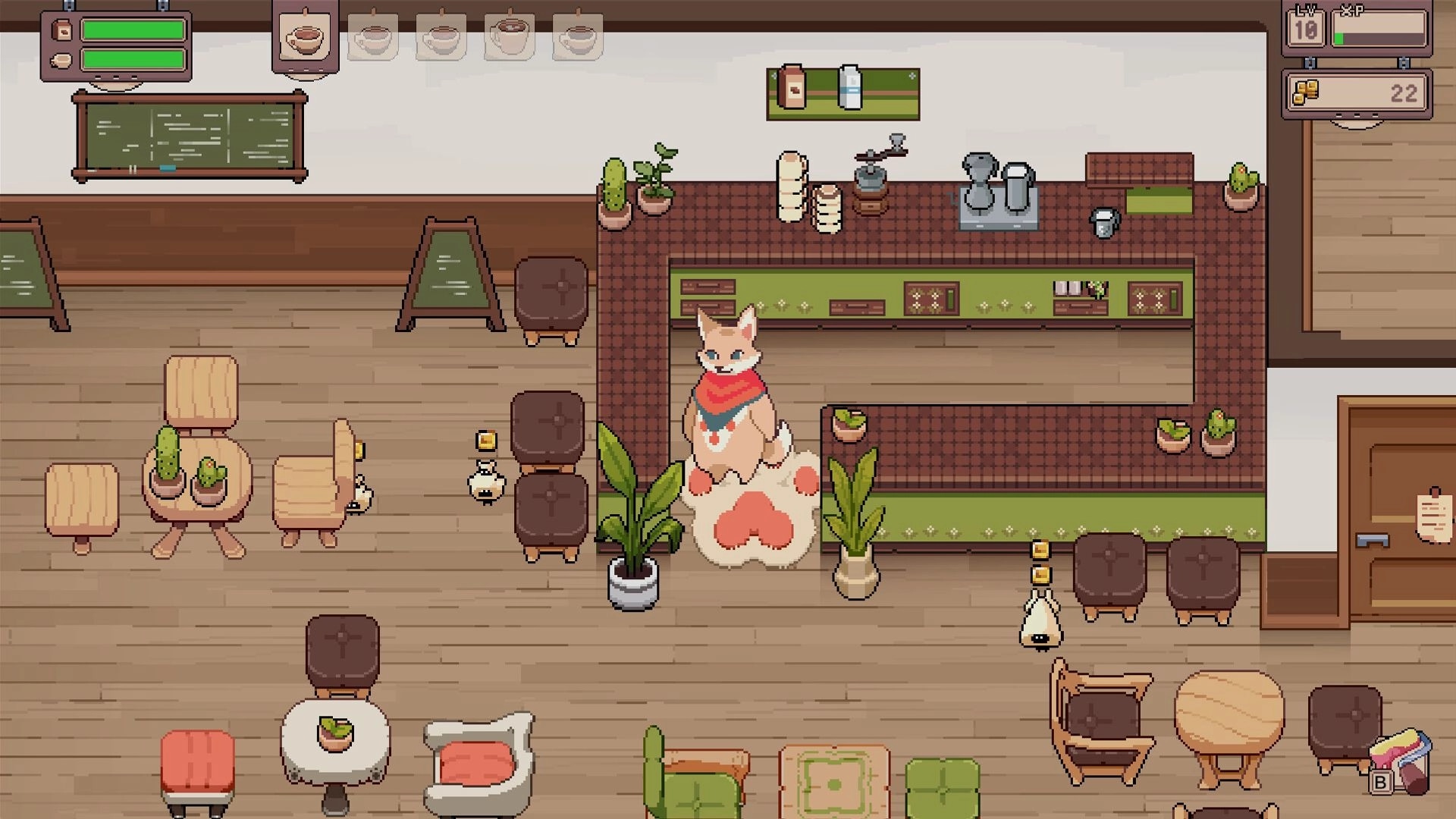 Tailside: Cafe interior with cat character behind counter, tables, plants, and UI showing menu items
