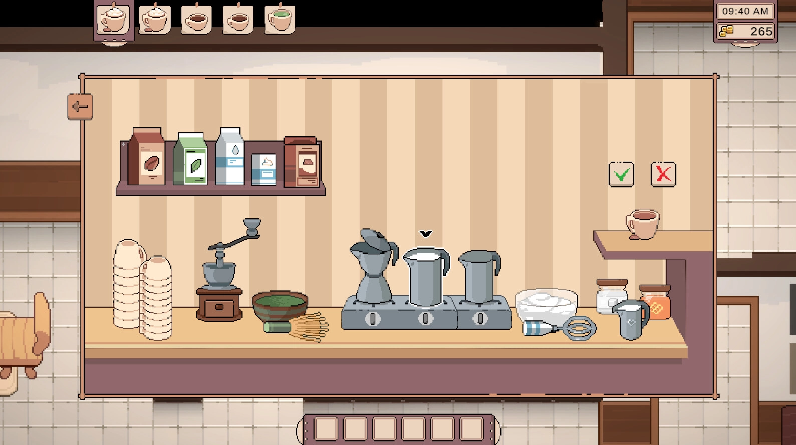 Tailside: Coffee brewing setup with ingredients and tools on a kitchen counter in a cozy cafe setting.