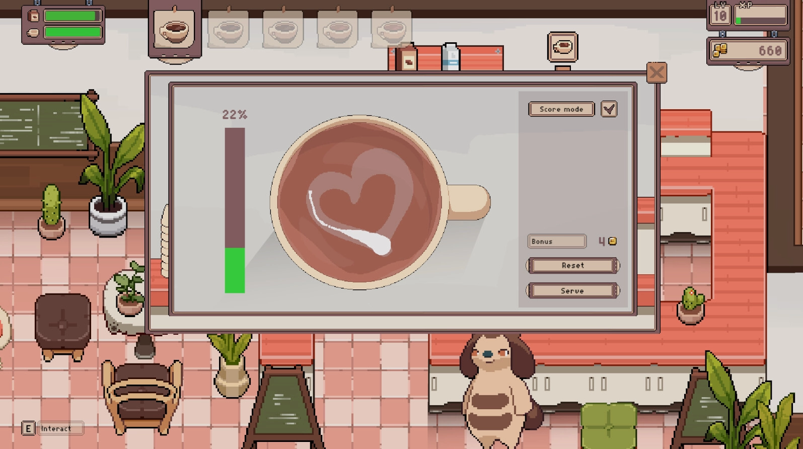 Tailside: Coffee art minigame with heart design in cozy cafe setting with dog character nearby