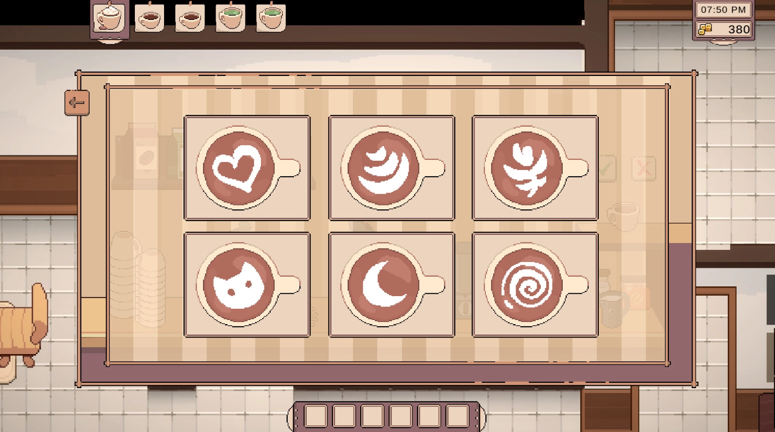 Tailside: Latte art selection screen displaying six unique designs in a cozy cafe environment