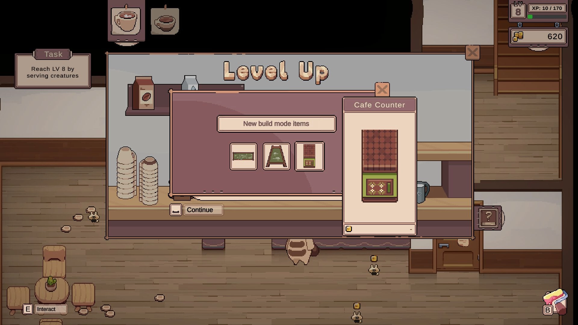Tailside: Level up menu showing new cafe build items and task to reach level 8 in cozy cafe setting.