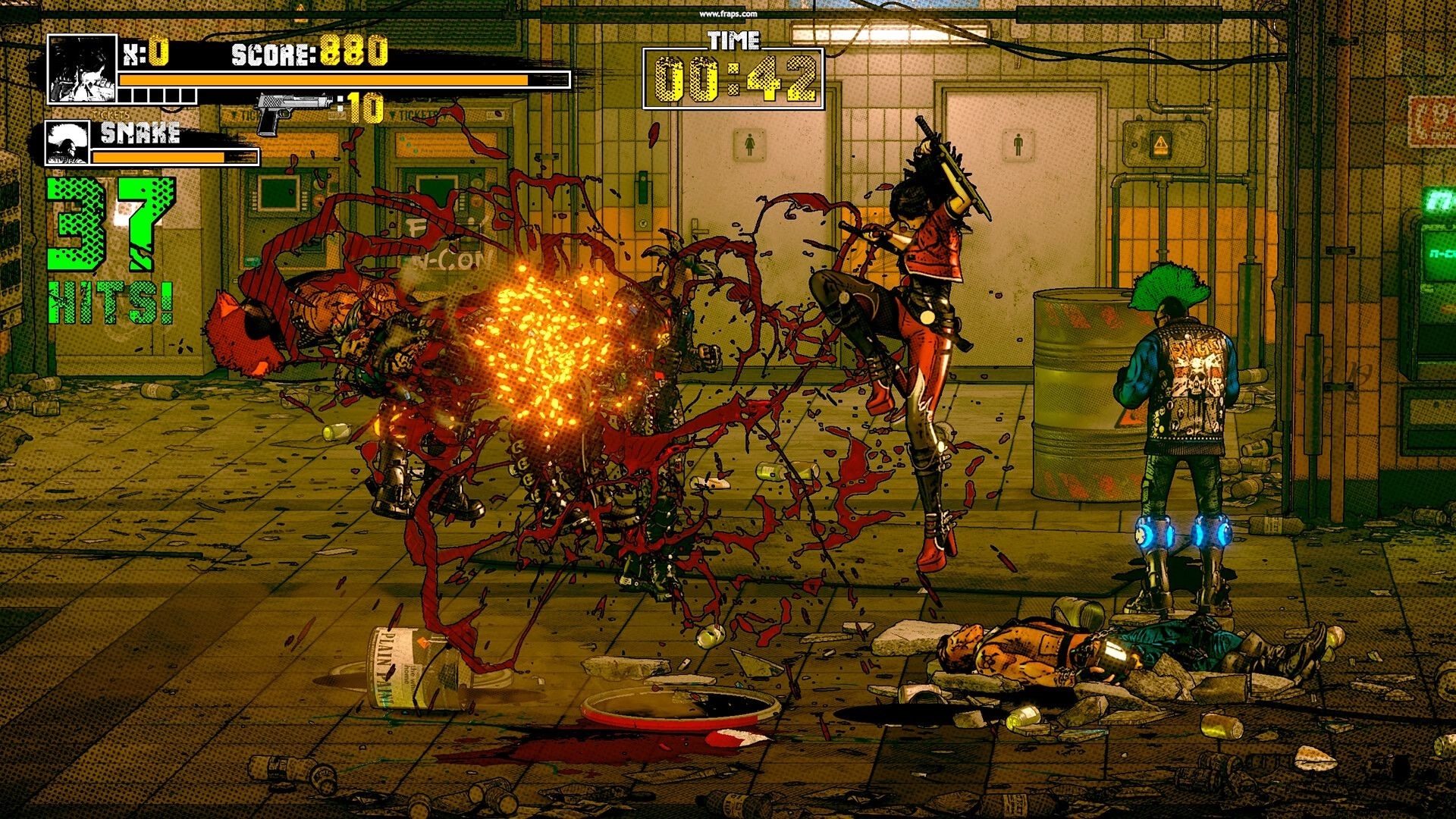 Takeover 2: 37-hit combo as fighter kicks enemies, timer and score UI in grimy restroom hall.