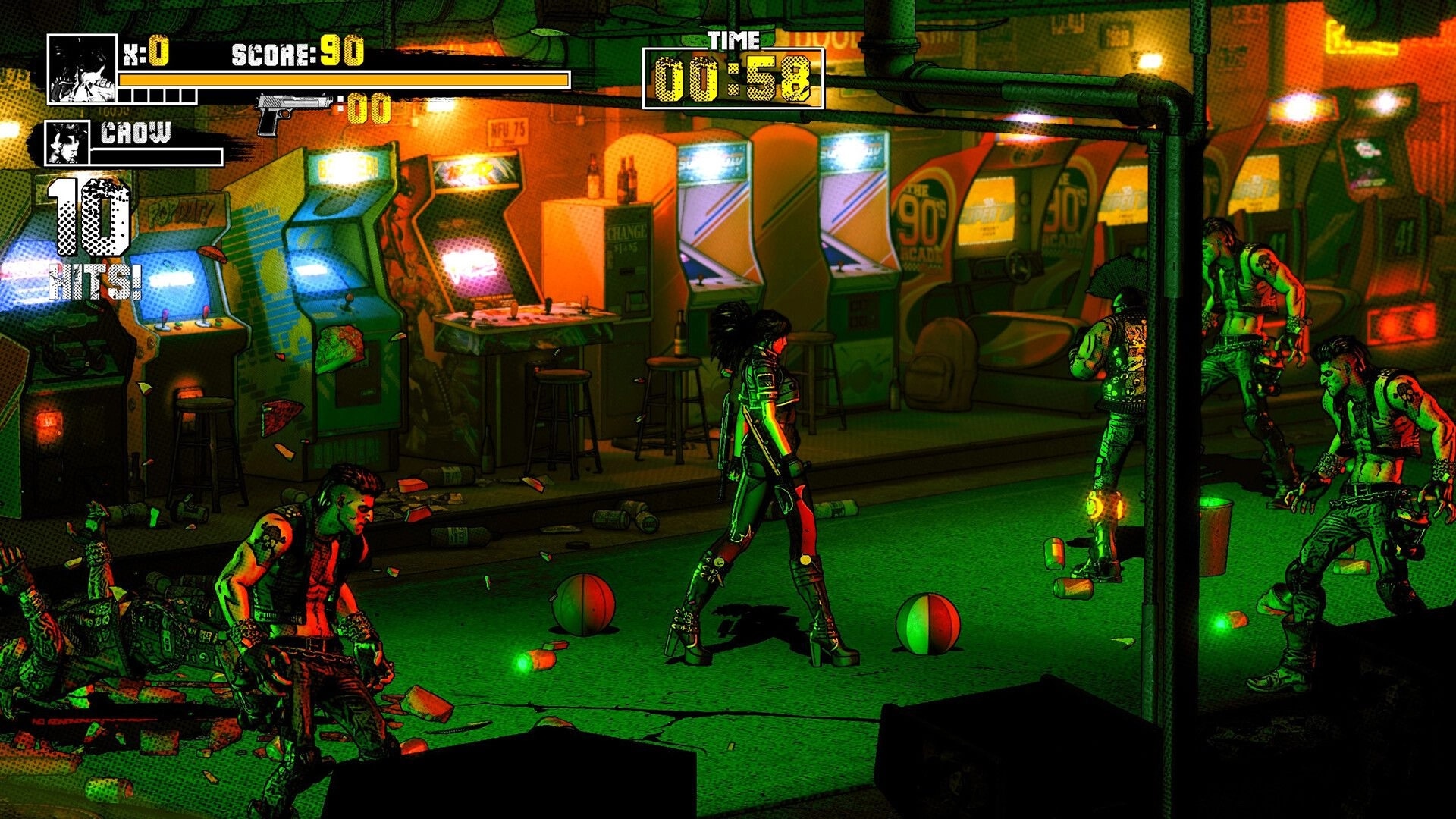 Takeover 2: Female fighter faces thugs with score and timer UI in neon-lit arcade street scene.