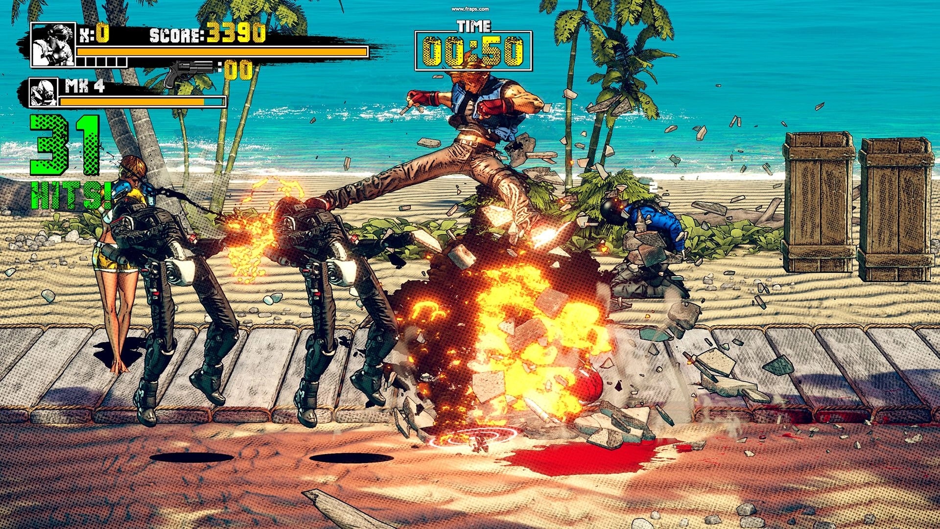 Takeover 2: Fighter lands explosive kick combo as HUD shows score and timer on beach boardwalk.