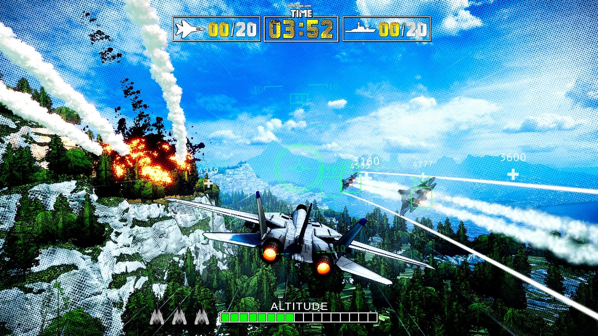 Takeover 2: Jet fighter chase with missiles and HUD timer over coastal mountains and ocean sky.