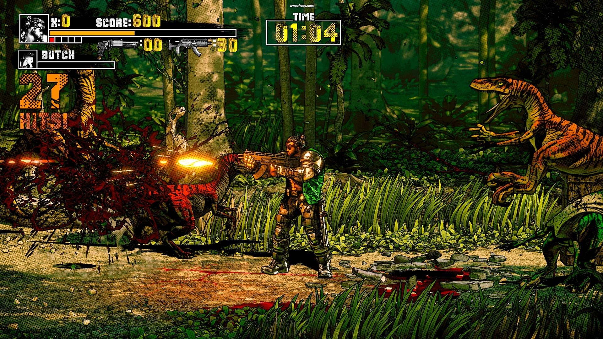 Takeover 2: Butch fires an assault rifle at raptors, combo counter and timer in jungle path.