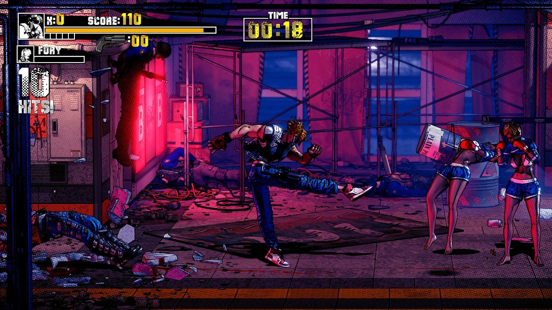 Takeover 2: Hero lands a flying kick on two enemies as HUD shows 10-hit combo in neon subway station.