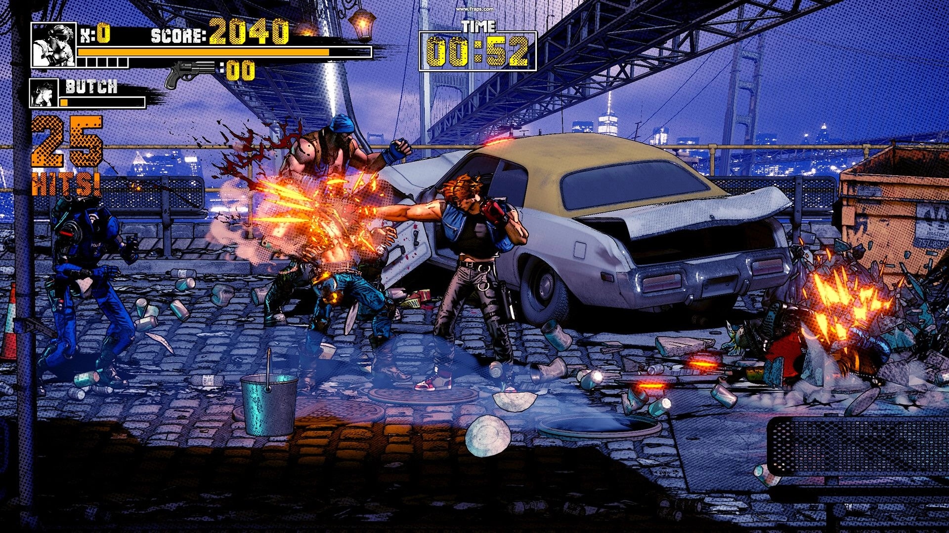 Takeover 2: Butch lands a 25-hit combo on thugs beside a wrecked car on a bridge at night.