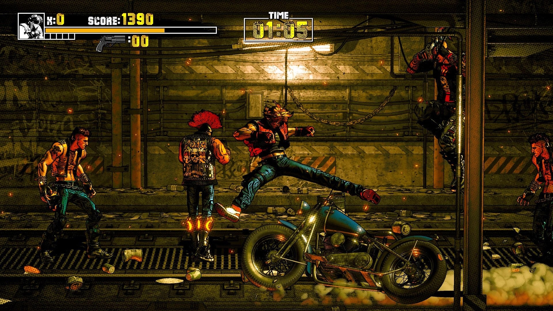 Takeover 2: Player performs flying kick at punk enemies beside a motorcycle in gritty subway tunnel.