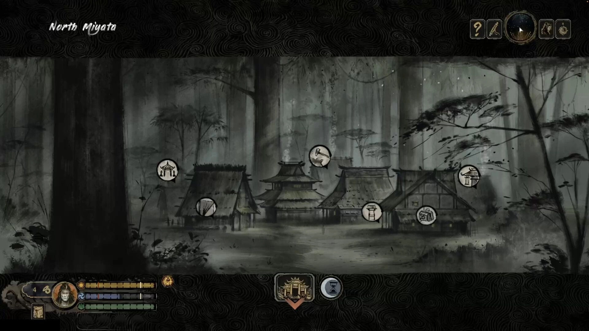 Tale of Ronin: Village map with building icons and HUD meters in misty North Miyata forest scene.