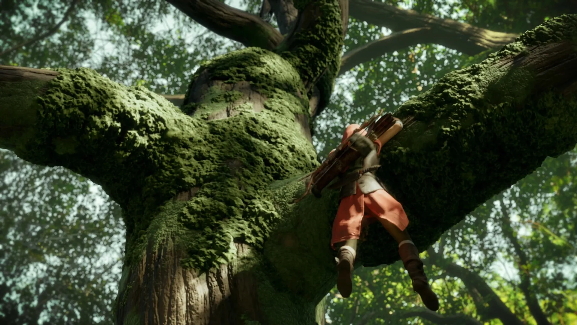Tale's Edge: Red climbs a massive moss-covered tree in a sunlit forest environment