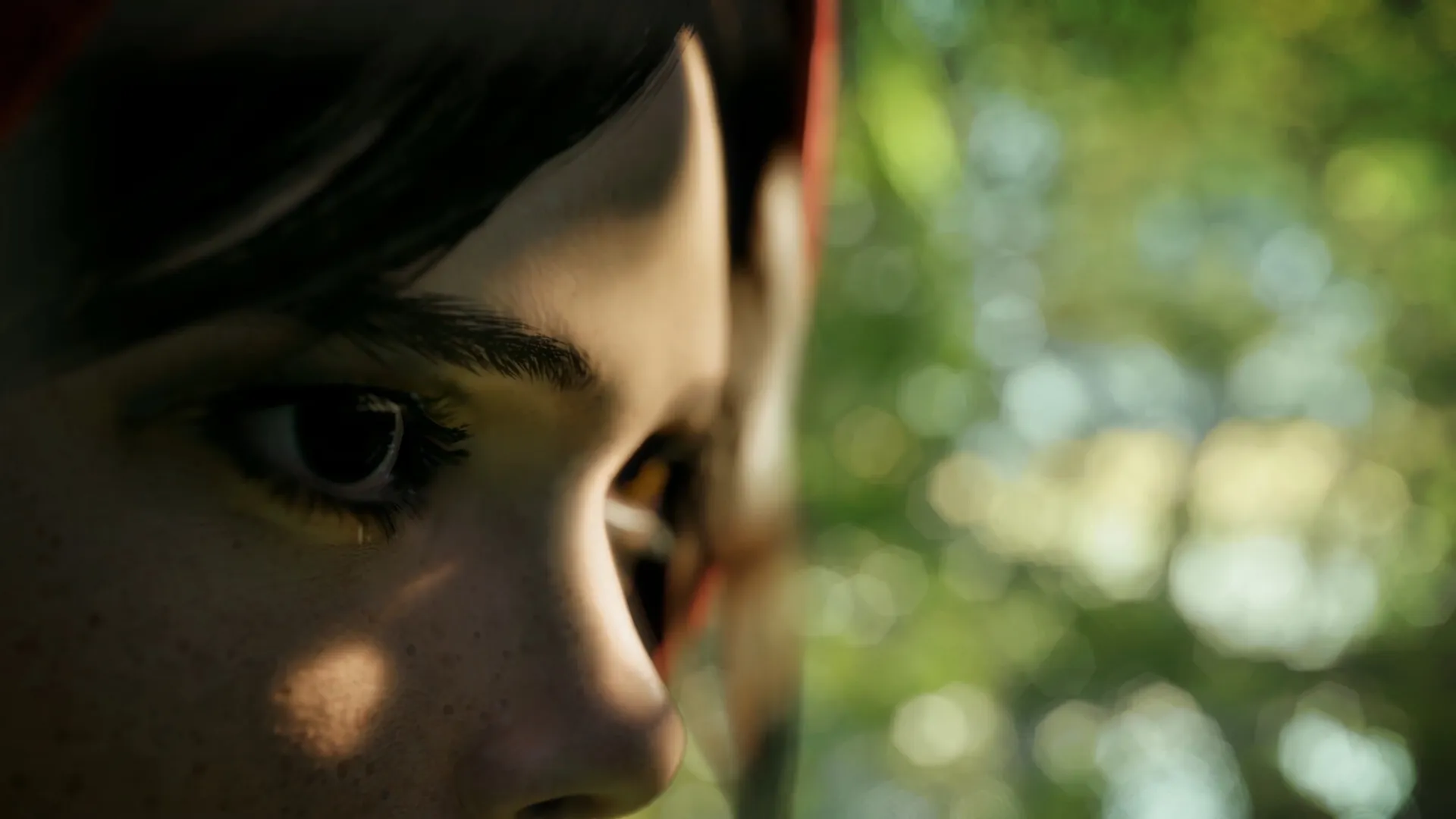 Tale's Edge: Close-up of Red's focused expression amid lush forest backdrop