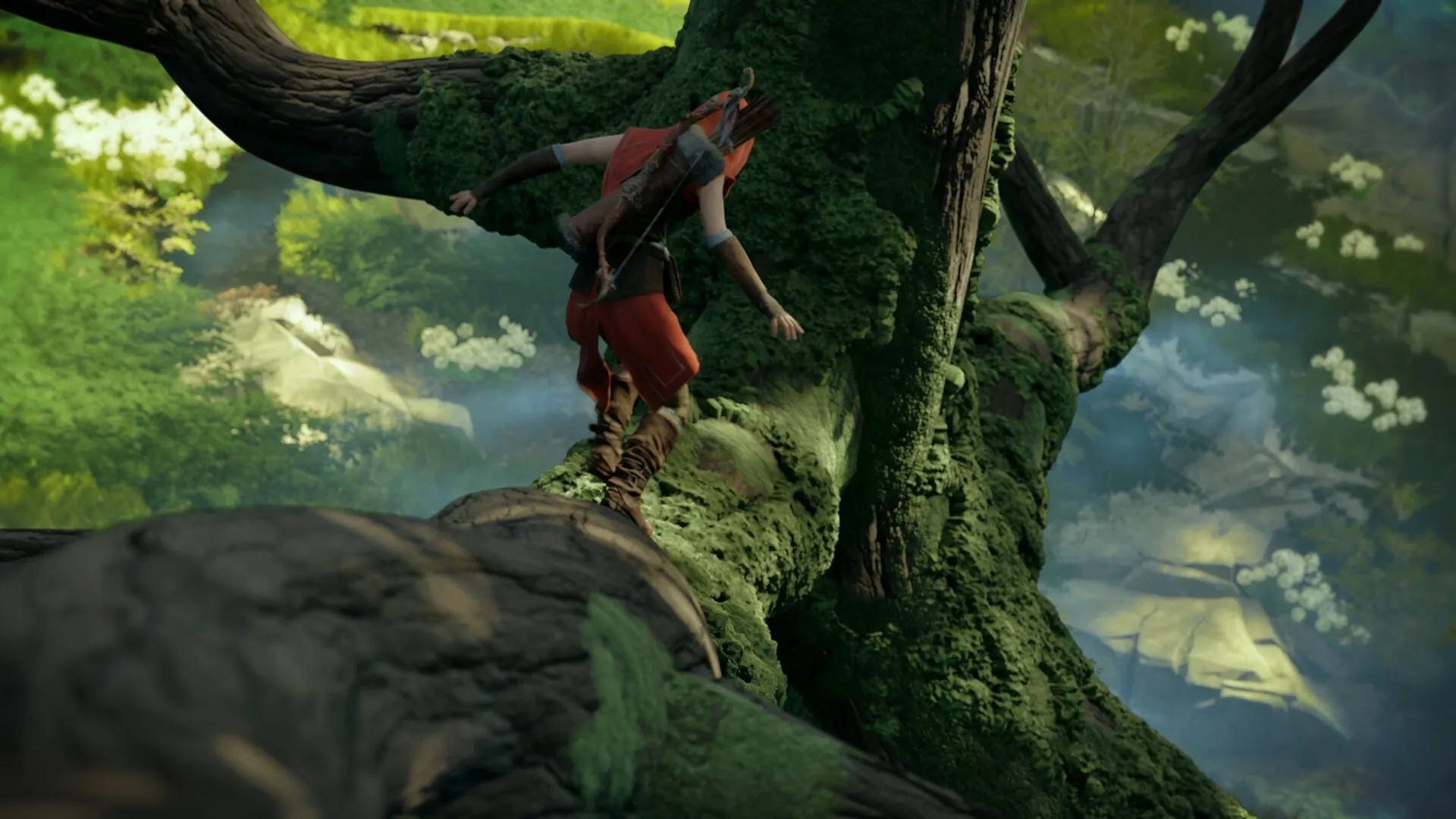 Tale's Edge: Red balances on a mossy tree branch in a lush, vibrant forest environment.