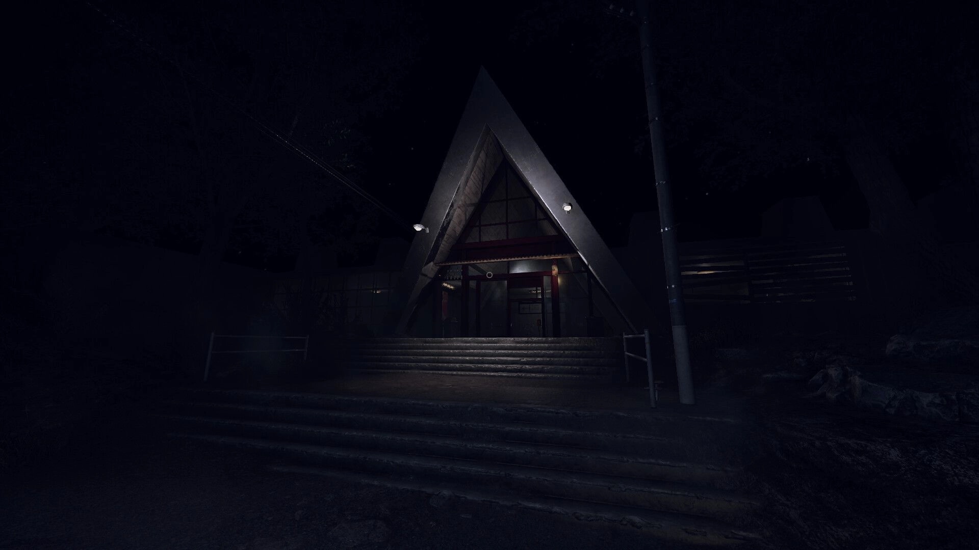 Tales of Fear: Eerie cabin entrance at night in a dark forest setting