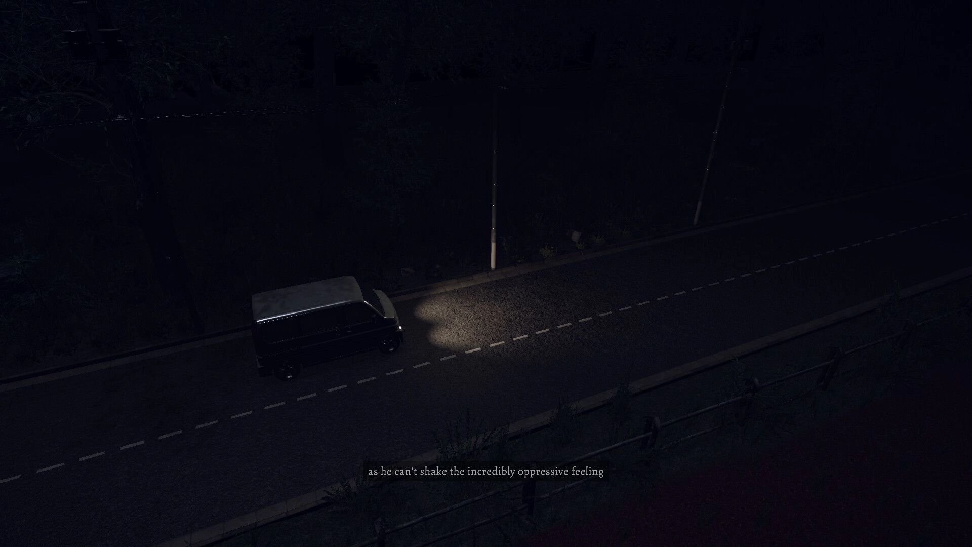 Tales of Fear: Van driving down a dark, eerie forest road at night with a mysterious atmosphere