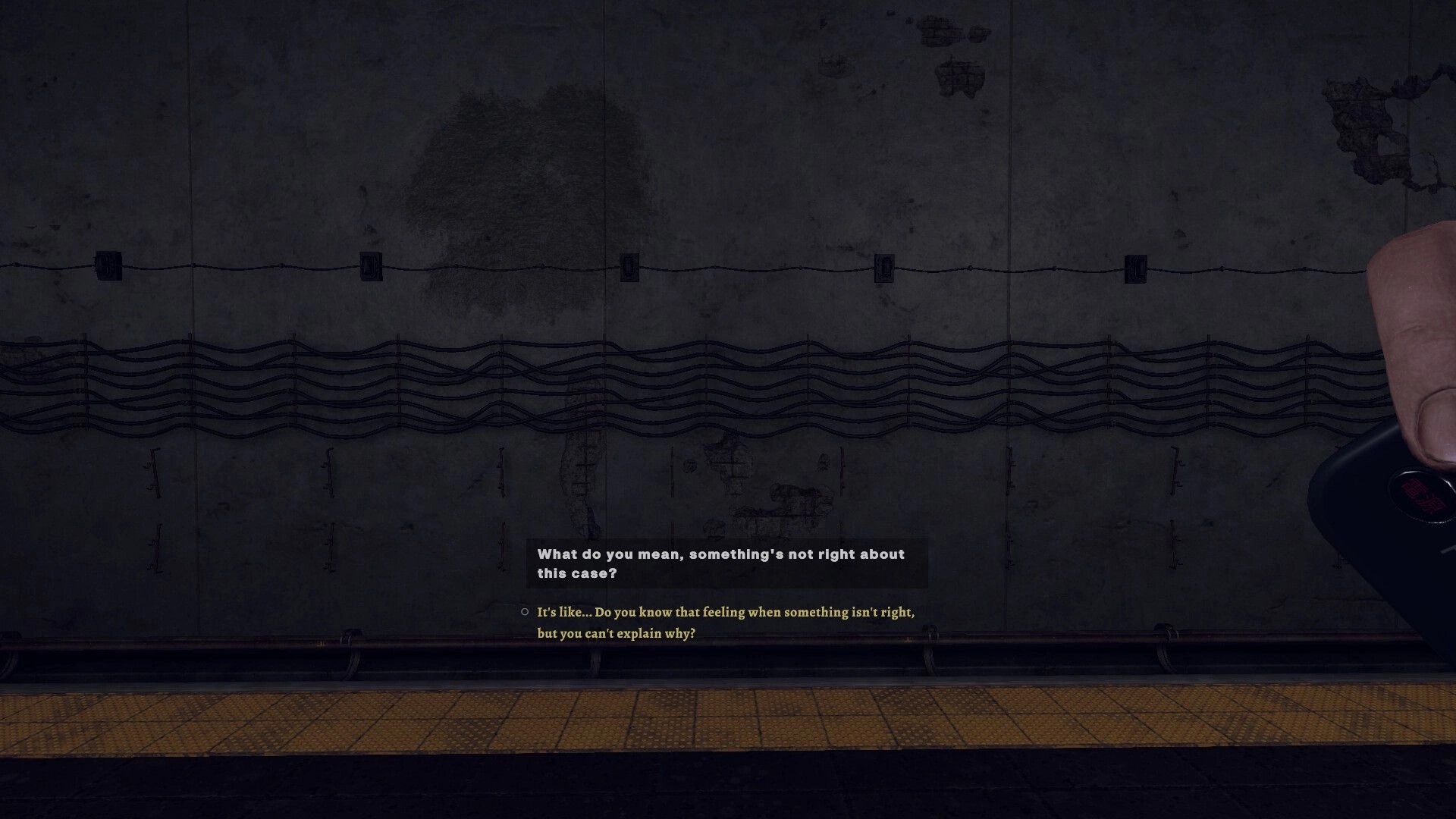 Tales of Fear: Dialogue decision on eerie subway platform with hand holding a mysterious device