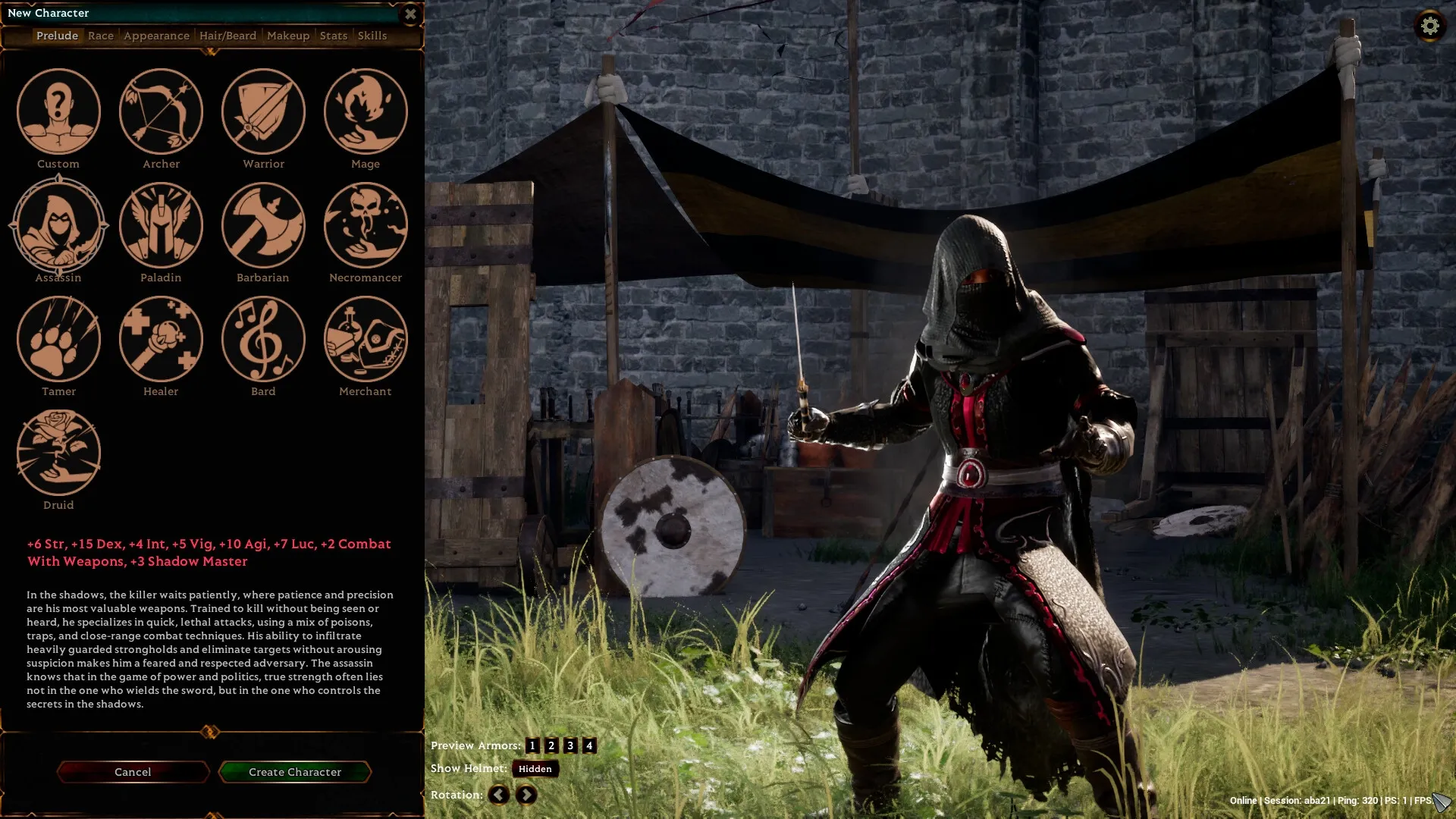 Tales Of Shadowland: Character creation screen with Assassin class and stats in medieval village setting